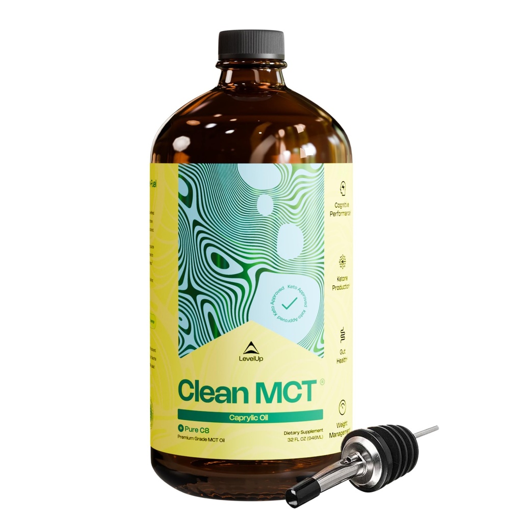 MCT Bersih LevelUp Oil - 100% Caprylic C8 for Energy, Focus, Gut Health, Brain Superfuel - Keto Suplemen untuk Ketogenic Coffee dan Ketones - Non-GMO (32 oz Glass Bottle)