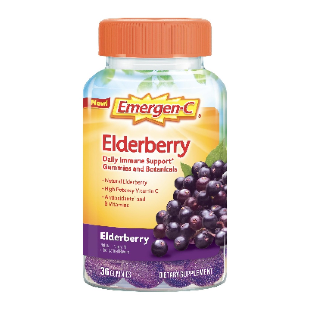 Emergen- C Elderberry Gummies, Elderberry Imune Dukung Natural Flavors dengan Potency Tinggi C, Kembali ke Sekolah Esentials - 36 Count