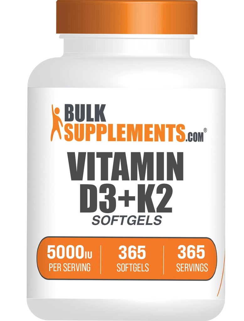 BulkSuplements.com Vitamin D3 + K2 5000 IU Softgels - D3 K2 Suplemen, untuk Kesehatan Ammune - Gluten Bebas, 1 Softgel per Serving, 365 Cacah (Paket 1)