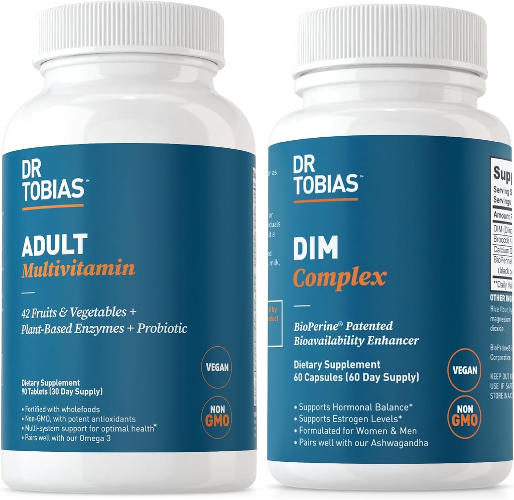 Dr. Tobias Adult Multivitamin & DIM Kompleks, Support Energy, Immune and Hormone Balance for Men & Women with 42 Fruits & Vegetable, BioPerine, Brokoli Extract & Calcium, Non-GMO