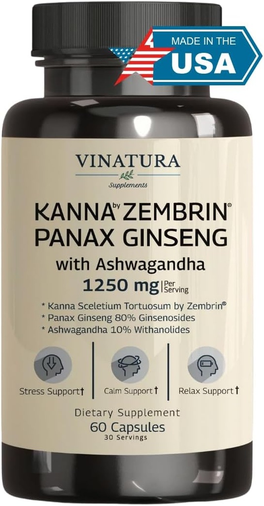 VINATURA Kanna Zembrin Sceletium Tortuosum - 50mg Kanna / Serving, dengan Ashwagandha, Ginseng * Brain Health, Stress Relief Support * Panax Ginseng 80% Ginsenosides Ashwaganda Capsules 10% Withanolides