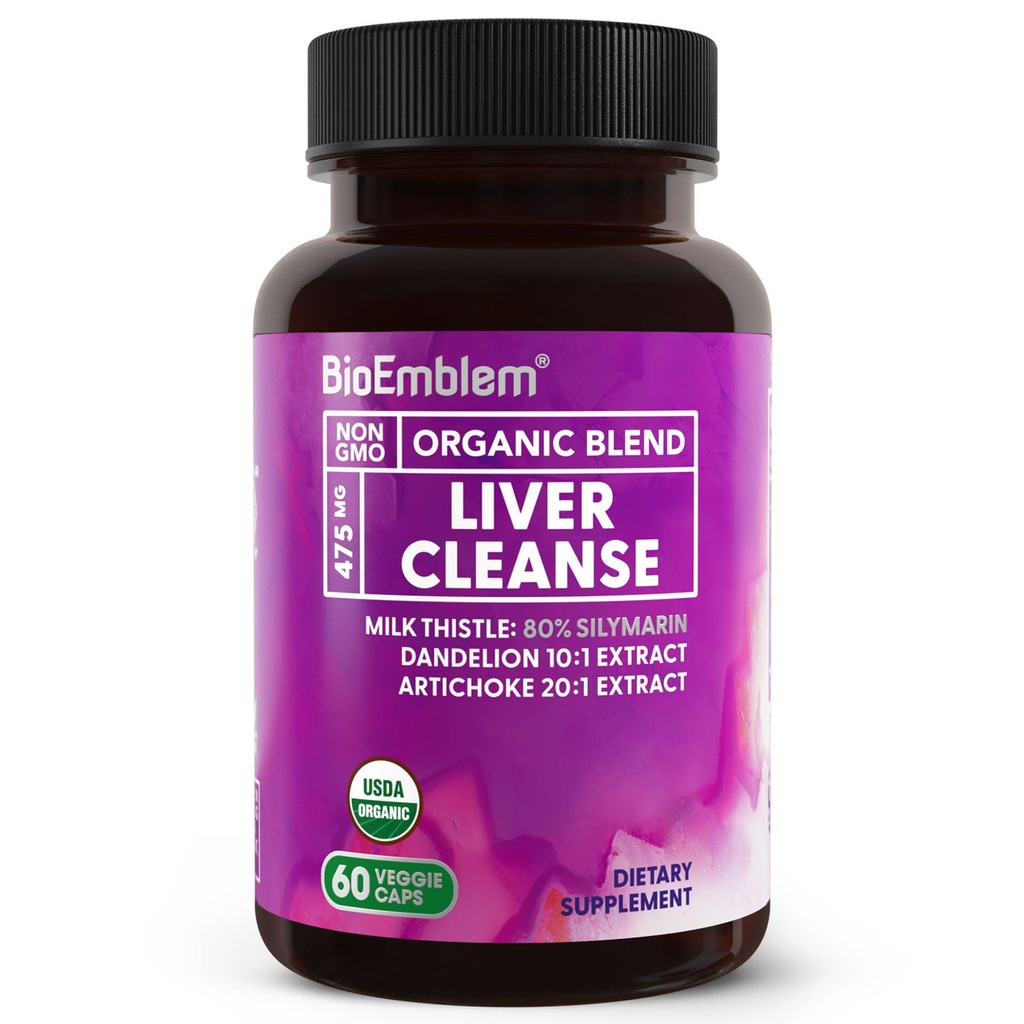 BioEmblem USDA Organic Liver Cleanse - 80% Silymarin Milk Thistle Extract for Liver Health and Liver Fungsi dengan Deluon & Artichoke Extracts - 100% Vegan, Non-GMO - Herbal Liver - 60 Capsules