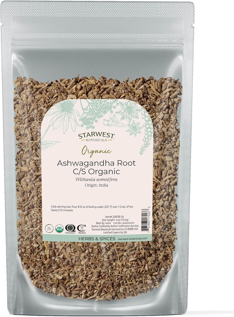 Starwest Botanicals Organic Ashwagandha Root for Women & Men - Dry Herb for Tea, Capsules, & Natural Herbal Blends, Cut & Sifted, Certifikasi Kosher, Non-GMO - 4 oz Pouch