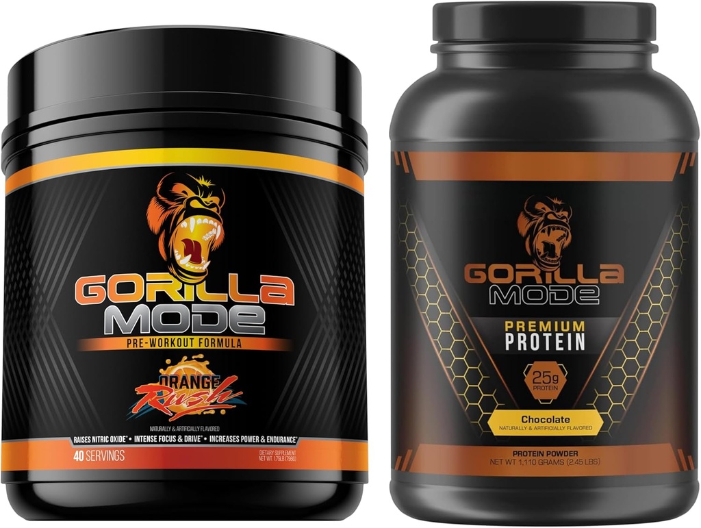 Gorilla Mind Pre Workout (Orange Rush) + Premium Whey Protein (Chocolate) - Comprehensive Stack for Fueling Maksimal Hasil