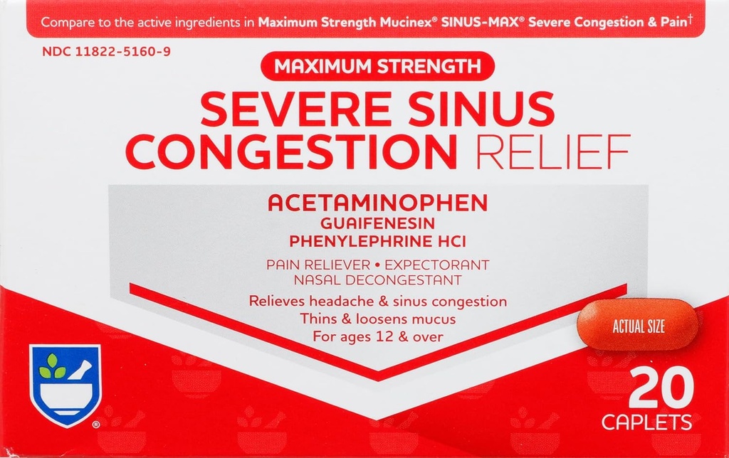 Rite Aid PAST Sinus Medicine and Nasal Decongestant, Maximum Power - 20 Caplets 124; Sinus Relief 124; Relief Pain 124; Multi- Symptom Cold and Flu Medicine 124; Sutter Cold & Sinus Medicine for Dewat
