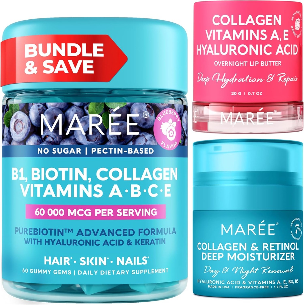 MAREE Bundle - Vitamin B1 Thiamine Gummies, Lip Mask, Face Moisturizer - A, E, D, C Vitamin