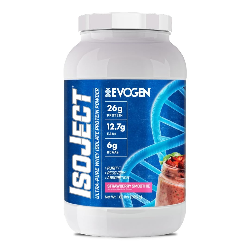 Evogen Isoject - Whee Protein Isolate 126; Ultra-Pure Whey Protein Powder dengan Ignitor Enzymes, BCAAs, dan EAAs 124; Enhanced Absorpsi & Recovery 124; Strawberry Smoothie 124; 25 Serbu