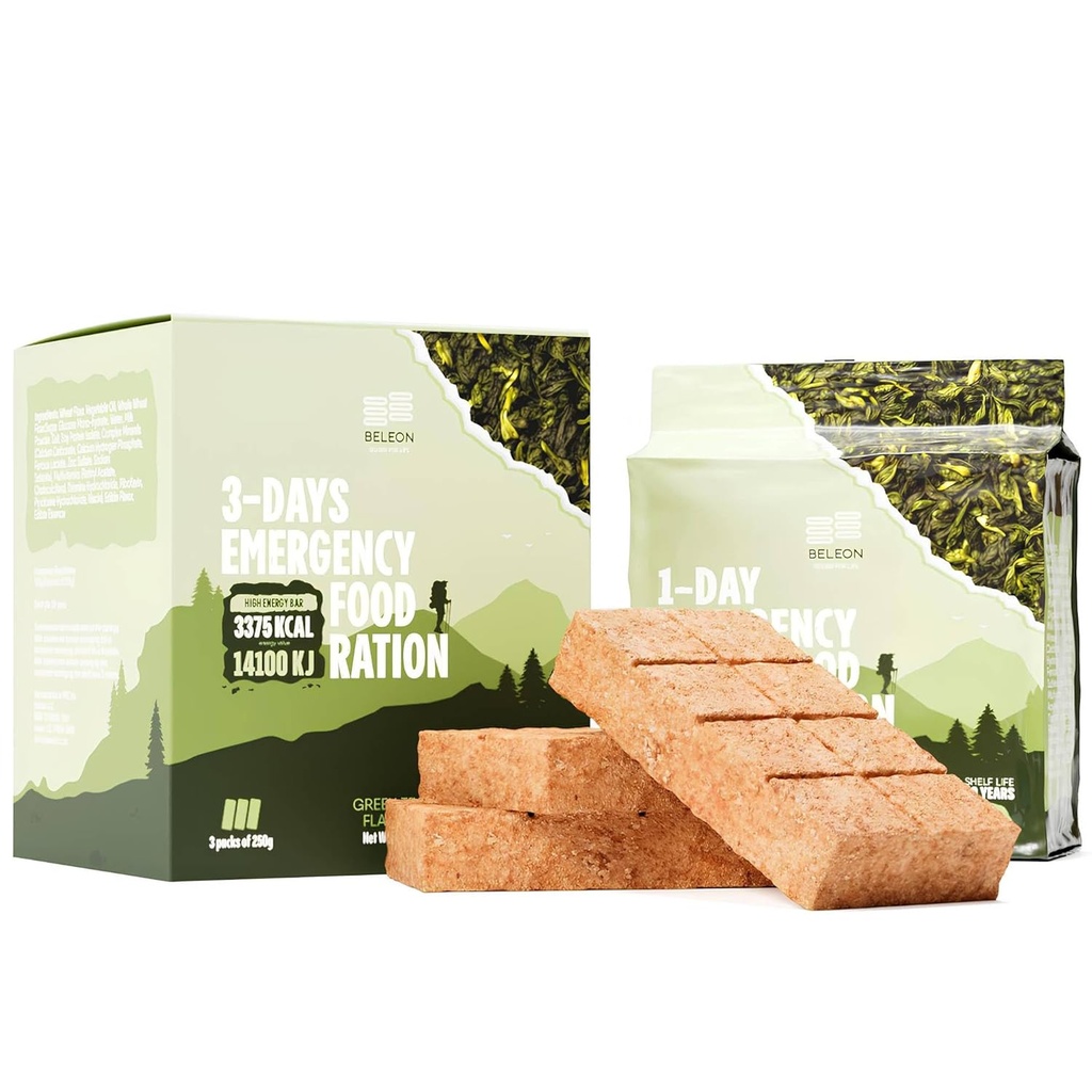 Green Tea Emergency Food Supply - 3-days 72 jam Biscuit Bars MREs Meals Militer 2024 Survival Kit - 20 tahun Shelf Life Camping Supplies