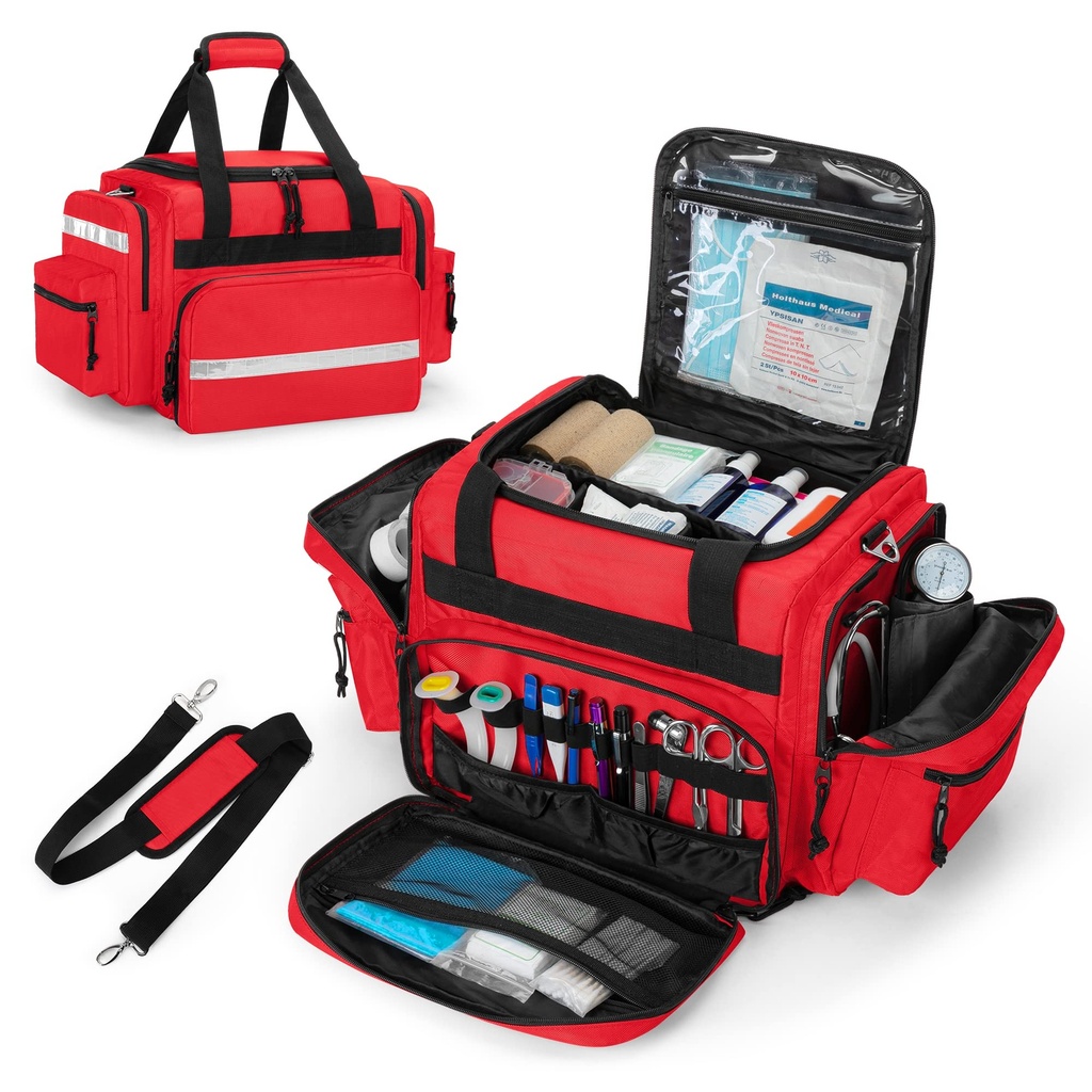 Damero profesional tas medis kosong, Pertama Responder Trauma Bag dengan Pembagian Terpisah untuk Home Health Care, EMT, EMS, Red (Bag Only)