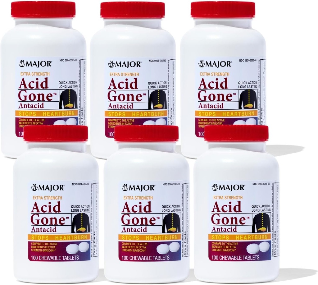 Acid Acid Gone Extra Power Antax Chewable Tablet - Anti- Acid Reflux Medicine for Adults - Upset Stomach, Acid Indibuble, and Heartburn Relief - Long-Lasting - 100- Count (6 Pack)