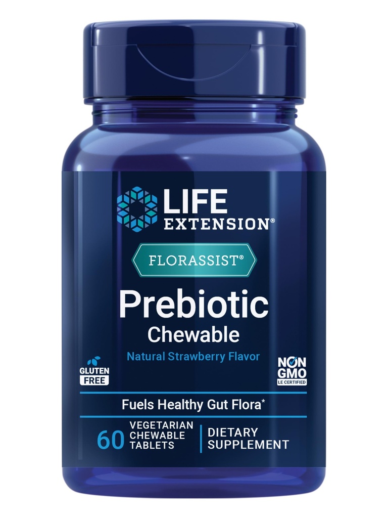 Ekstensi Hidup FLORASSIST ® Prebiotic Chewable (Strawberry), 1000 mg xyloogoscacvides, prebiotic Suppplemen untuk Gut Flora, Gluten- Free, Non-GMO, Vegetarian, 60 tablets chewable