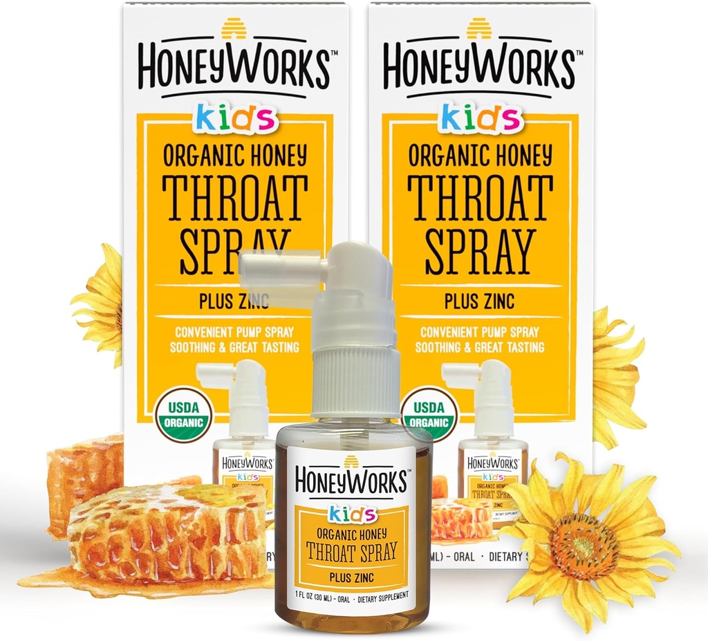HoneyWorks Kids Throat Spray for Sore Throat Relief, 1 Oz (Sebungkus 2) Sooting Non-GMO USDA Dark Honey + Zinc, Fast-Acting Relief, 12 Bulan +