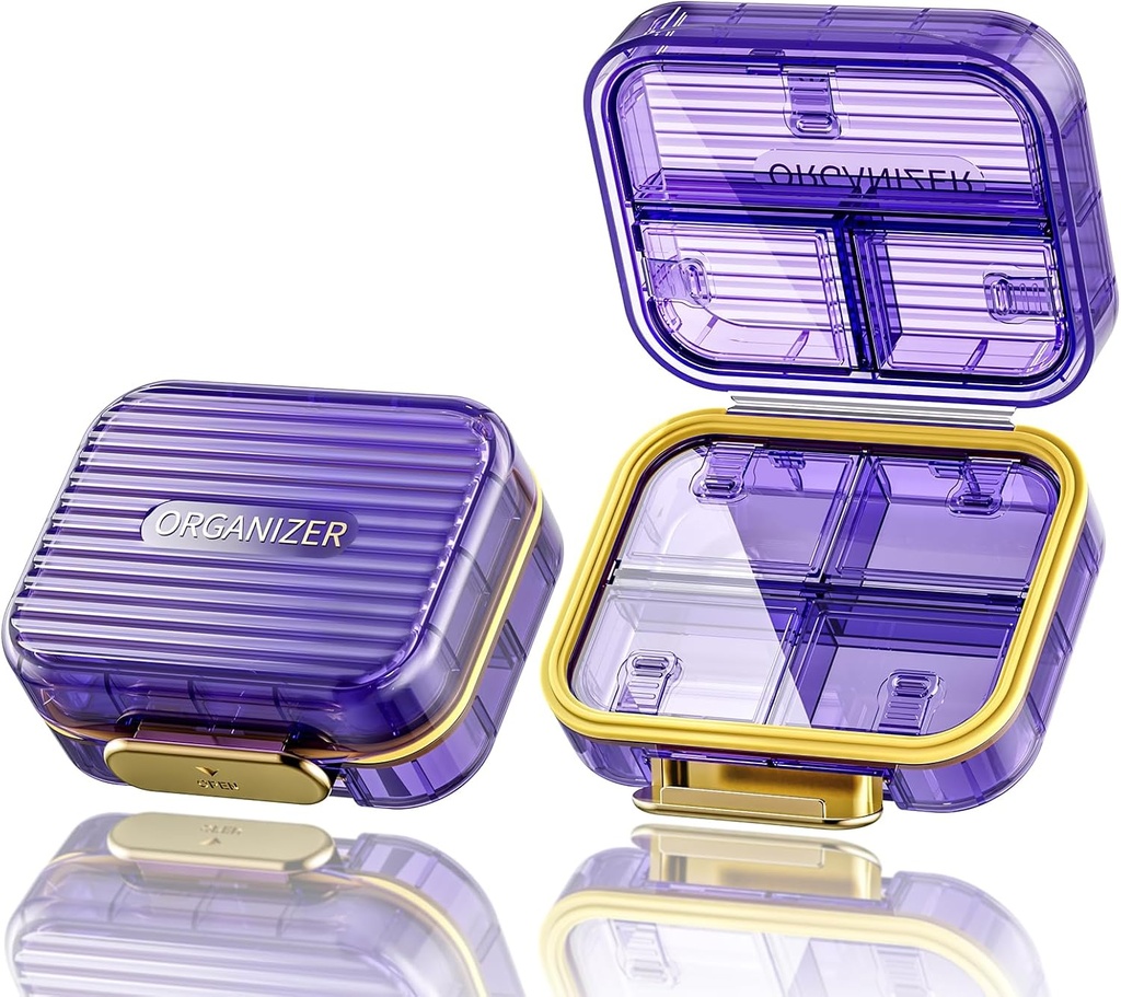Acedada Kotak Pil Kecil, Travel Pill Organizer, Compact 7 - Compact Moistureprove Pill Case untuk Purse, Chic Daily Pil Container, Portable Medicine & Vitamin Holder for Fish Oil & Suplemen, Purple