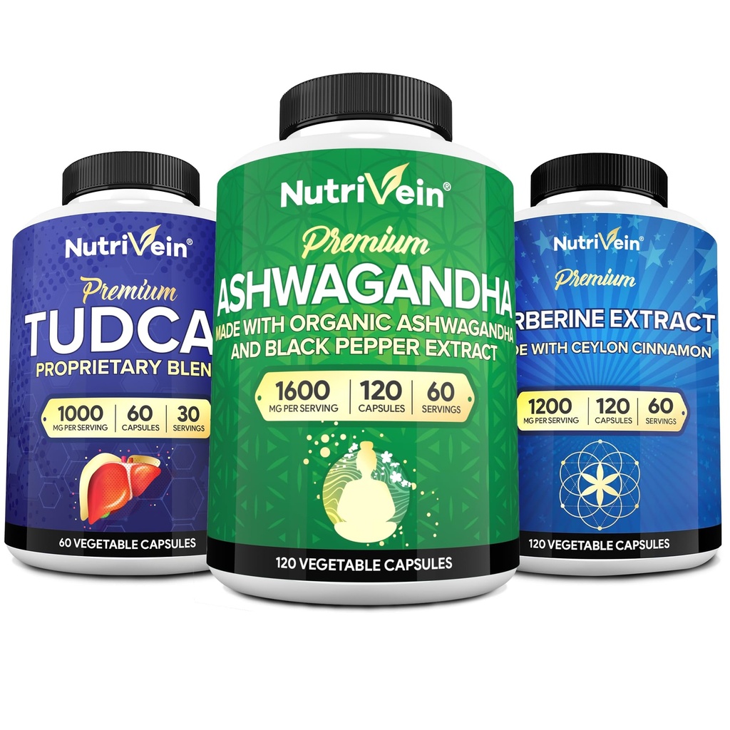 Nutrivena Premium TudCA, Suplemen Berberine, dan Aswagandha Suplemen Bundle: High- Absorpsi Berberine Kompleks, Aswagandha Root Extract, & TUDCA for Detox, Vitalitas & Well- Menjadi