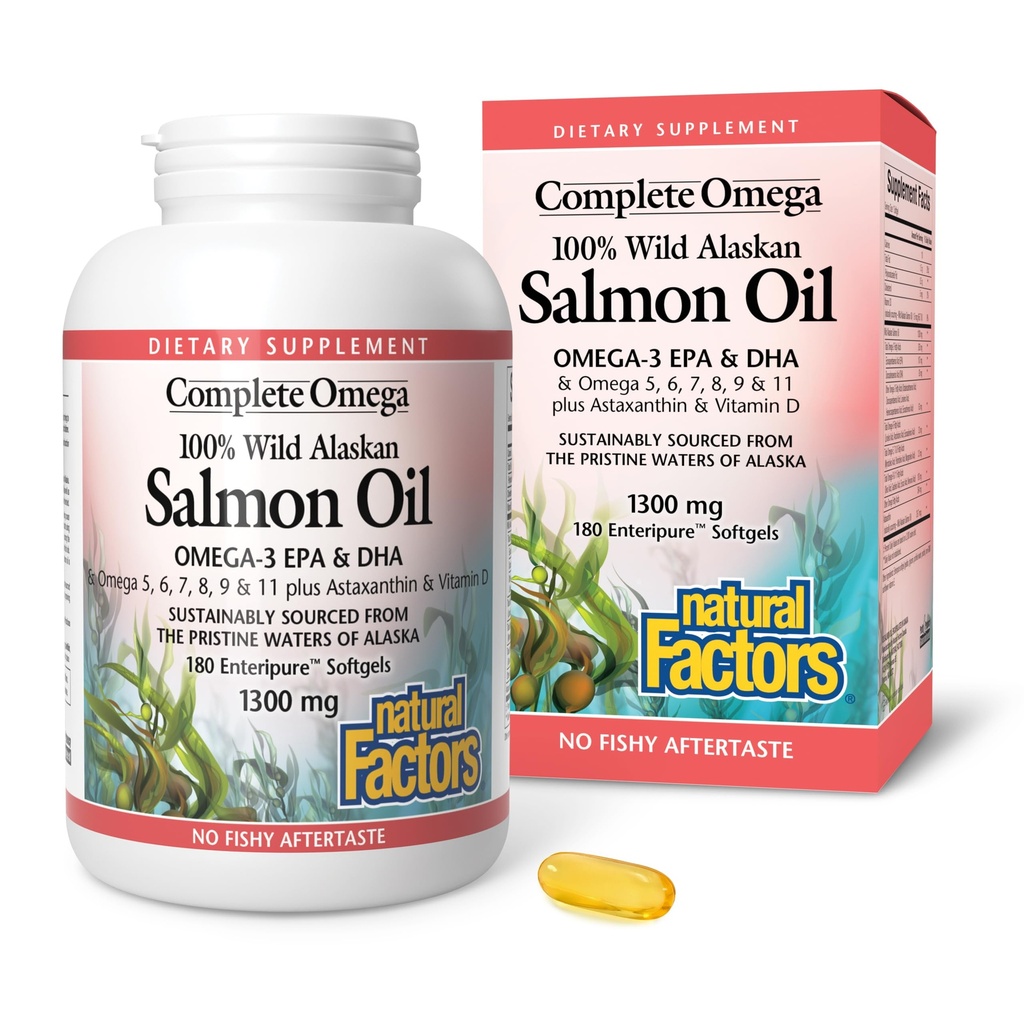 Lengkap Omega oleh Natural Factors, Wild Alaska Salmon Oil, Supports Heart and Brain Health with Omega-3 DHA and EPA, 180 softgeels (180 servings)