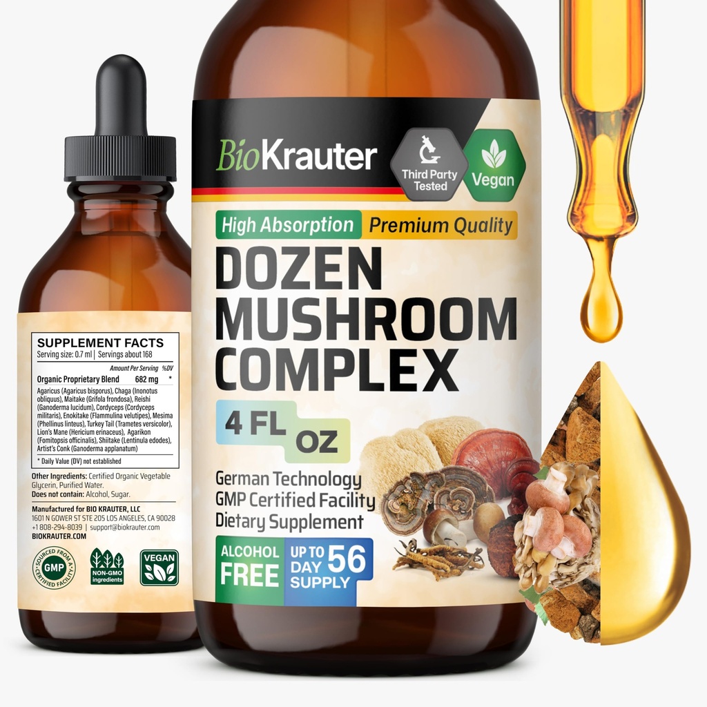 BiO KRAUTER Dozen Mushroom Tincture - Imune Support Drops - Promotes Digetical & Cognitive Duption - Non-GMO, Liquid Immunity Defenation Formula - 4 Fore oz Bottle