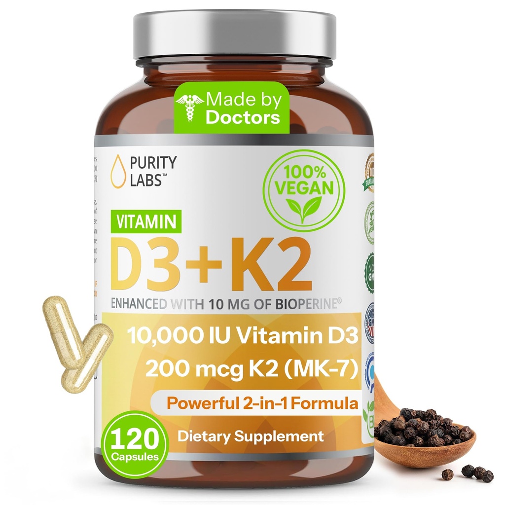 Lab Suci Vitamin D3 K2 10000 IU, (250mcg) D3 + 200mcg K2 MK7 - Suplemen Imune Dipenuhi dengan Bioperin - Suplemen untuk Pertahanan Harian, Bone, Muscle & Skin Kesehatan - 120 Capsules