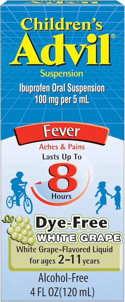 Advil Reliever dan Fever Reducer, Dye Free Children 's Ibuprofen for Pain Relief, Liquid Ibuprofen for Children, White Grape - 4 Fl Oz