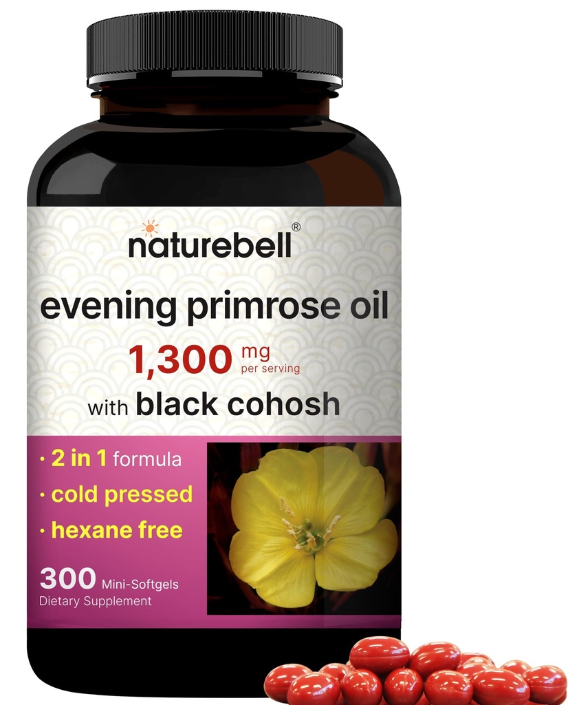 NatureBell Malam Primrose Oil dengan Black Cohosh, 1.300mg Per Serving, 300 Mini- Softgeels 124; Cold Press Seeds, Menahan 130mg GLA untuk Women Kesehatan & Skin Care Dukungan - Hexane Bebas, Non-GMO