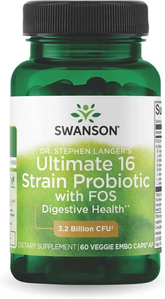 Swanson Dr Stephen Langer Formula - Natural Probiotic w / Prebiotic FOS - 16- Strain Suplemen Memproyeksikan Digetical Dukungan w / 3.2 Milyar CFU per Capsule - (60 Vevgie Capsules)