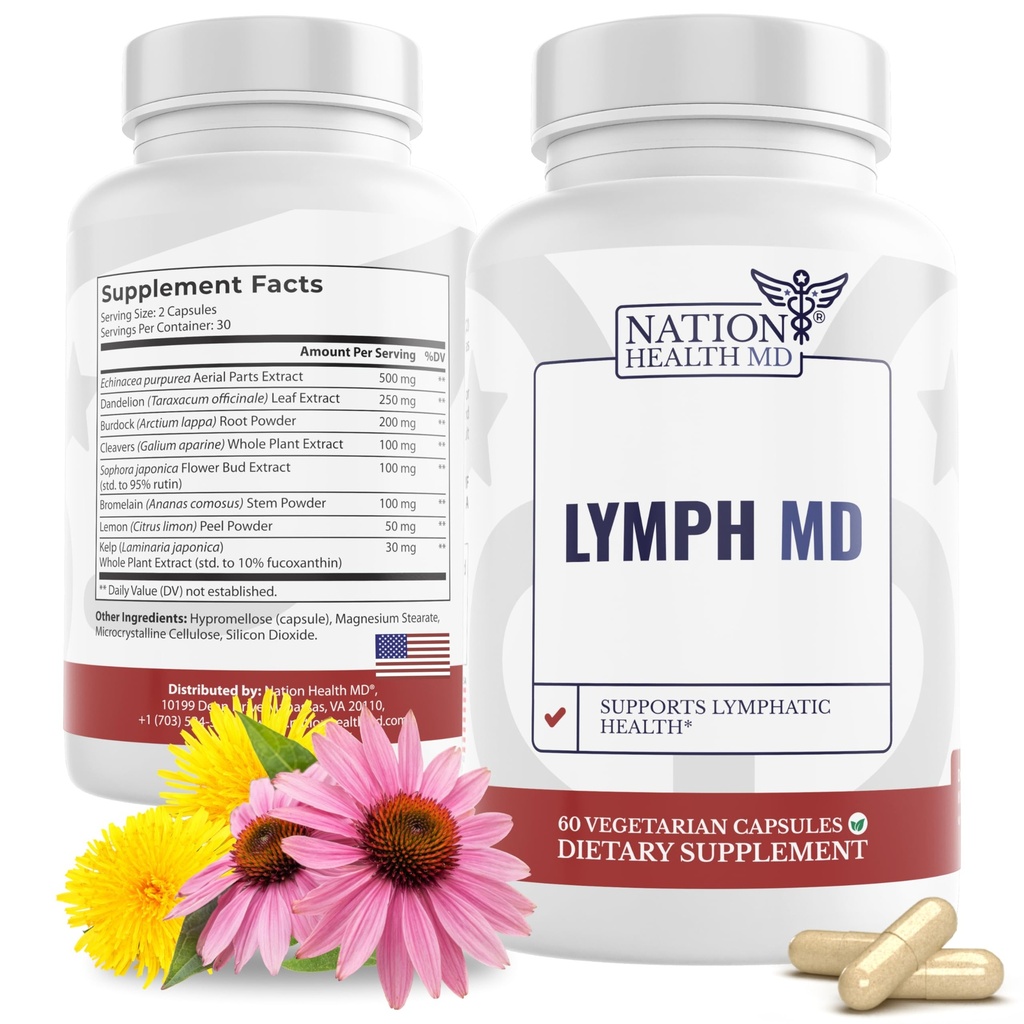 Lymph MD - Lymphatic Drainage Suplemen - dengan Bromelain, Echinacea, Burdock Root, Dandelion, Rutin, Kelp & More - Dukungan Sistem Lymph bagi Perempuan & Pria - 60 Capsules