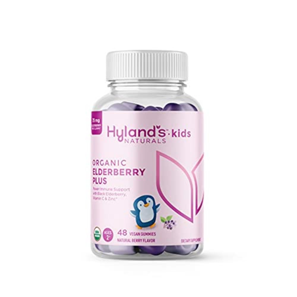 Hyland 's Kids Organic Elderberry Plus Gummies, Organic Black Elderberry dengan ZINC dan Vitamin C, Hammune Dukungan untuk Anak-anak, 48 Vegan Gummies