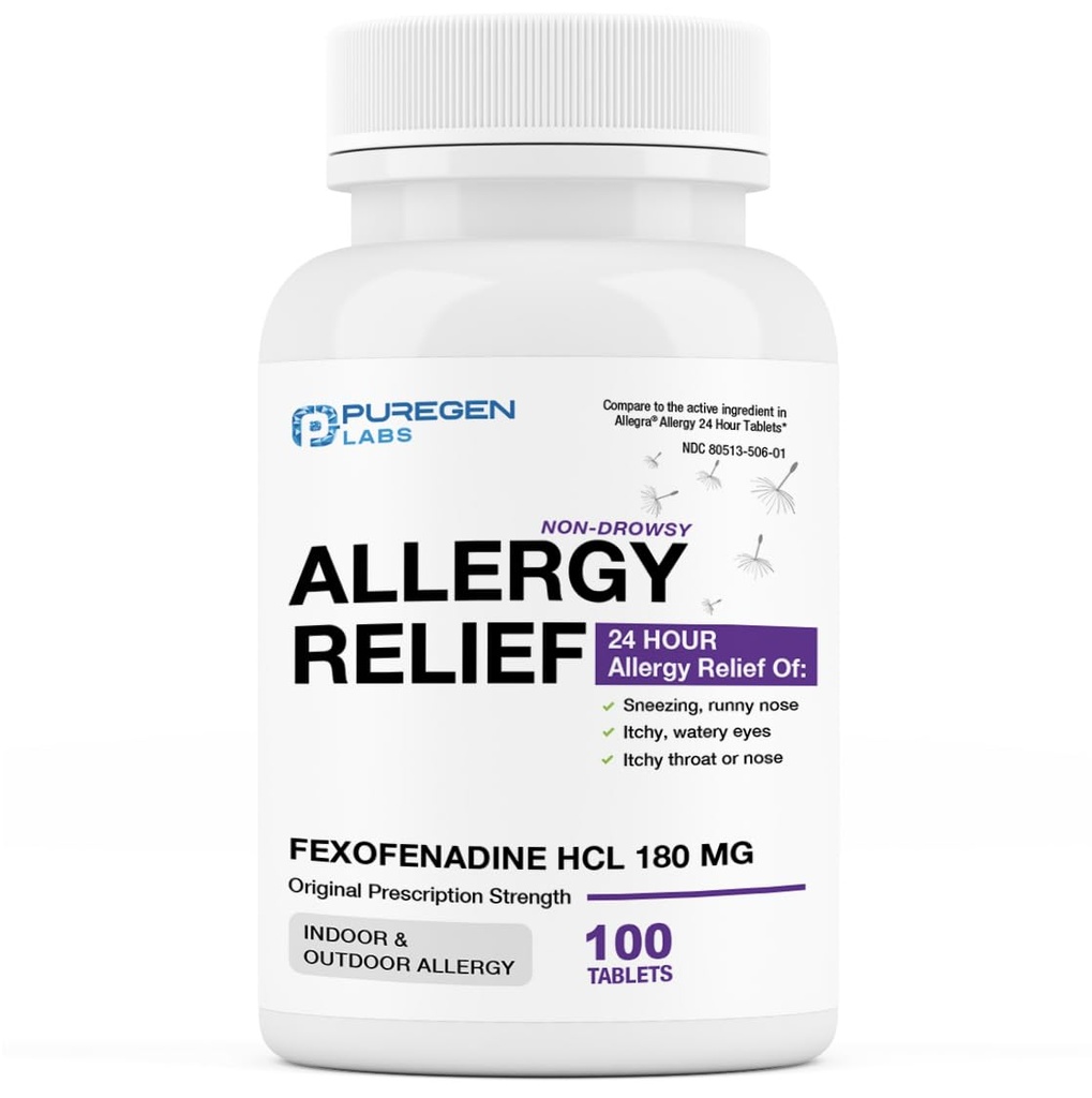 Relief Laboratorium Puregen, Fexofenadine 180mg, 100 Tablet - 24 Hour Non-Drowsy Antihistamin Medicine for Runny Nose, Sneezing, Itchy, Watery Eyes - dibuat di USA