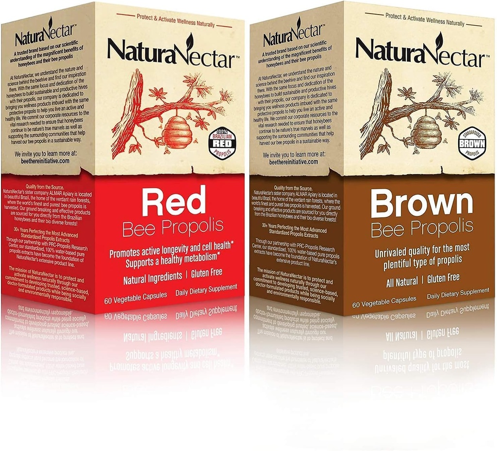 NatuaNectar Natural Bee Propolis Bundle - Red Propolis dan Brown Propolis - for Imune support, Respiratory Health and Healthy Metabolisme - 60 Capsules per Botol