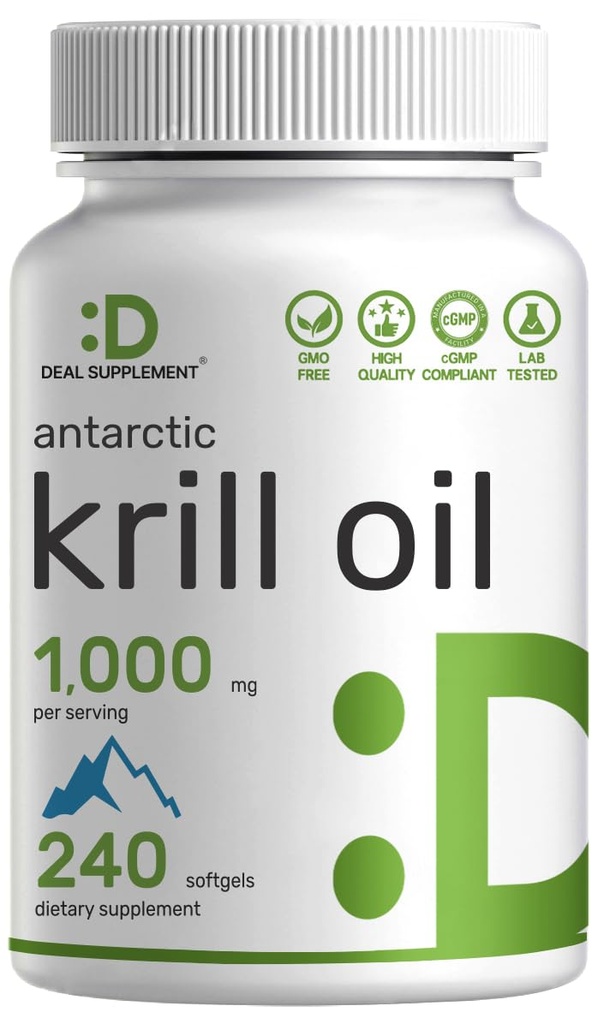 DEAL SUPLEMENT Antartika Krill Oil, 1.000mg Per Serving, 240 Softgels - Mercury Free, No Fishy Taste - Rich in Omega- 3, EPA, DHA, Astaxanthin, & Phospholipids - Non-GMO, No GMO, No Gluten