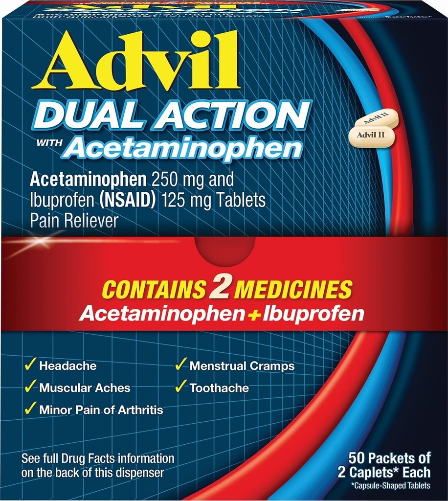 Advil Dual Action Coated Caplets with Acetaminofhen, 250 Mg Ibuprofen and 500 Mg Acetaminopren Per Dose (2 Dose Equalent) for 8 Hour Pain Relief - 2 Count x 50