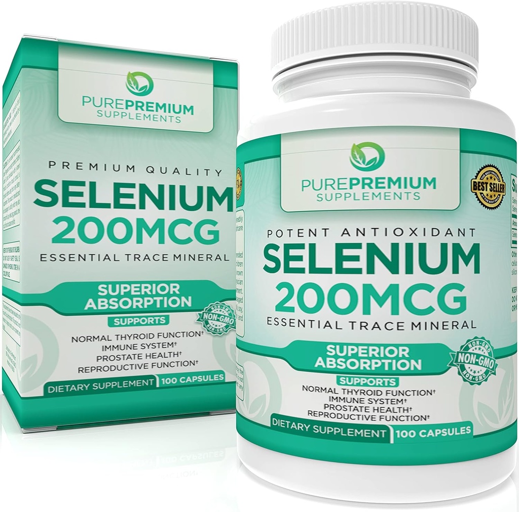 PurePremium Selenium 200mcg Suplemen - L Selenomethionine Estionine Mineral - Daily Support untuk Normal Thyroid, Imune System 124; Normal Prostate Fungsi - 3 Bulan Tambahan - 100 Kapsul