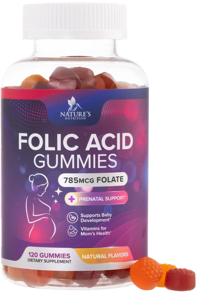 Gumi Asam Folic untuk Perempuan 785 mcg, EsensPrenatal Vitamin untuk Ibu & Bayi, Gumi Folic Vegan, Daily Vitamin B9 Ekstra Falect, Sebelum Setelah Pengangkatan - 120 Gummies