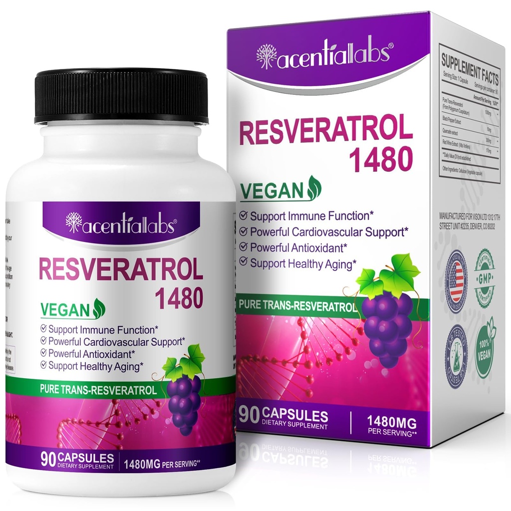 100% Reveratrol Natural - 1480mg Per Serving, 90 Veggie Capsules, 99% Pure Transveratrol, Antioksidant untuk Penuaan Sehat, Otak & Heart Dukungan
