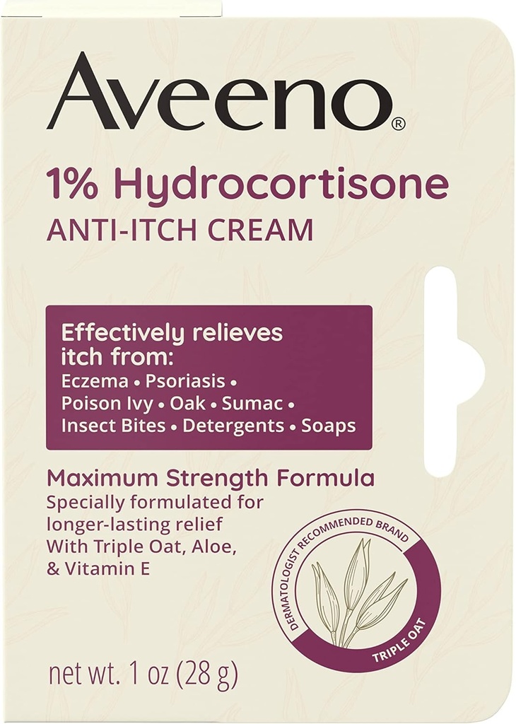 Aveeno Maximum Kekuatan 1% Hydrocortisone Anti- Itch Cream, Triple Oat, Aloe & Vitamin E untuk Itch Relief dari Eczema, Psoriasis, Insect Ivy, Oak & Sumac & Detergent, 1 oz