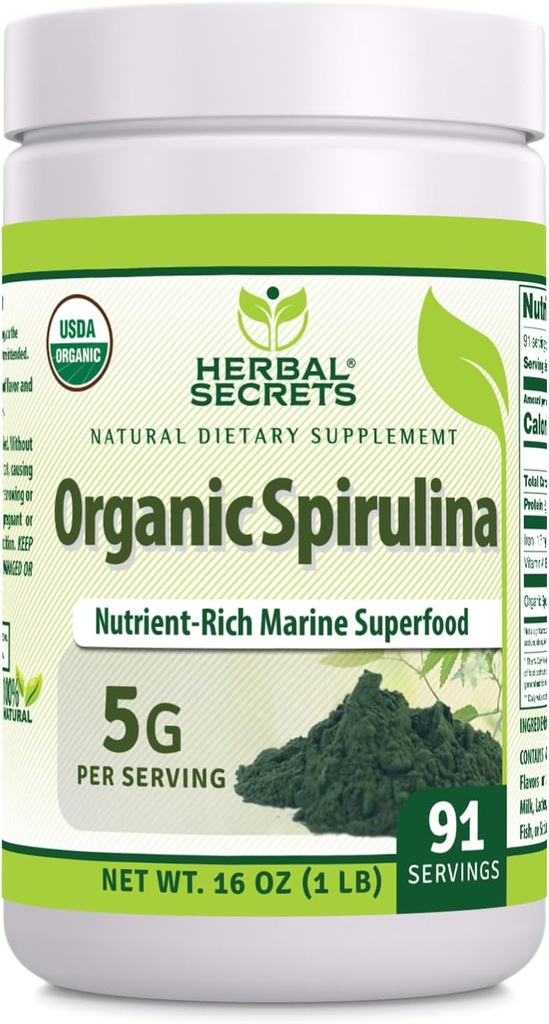 Herbal Secrets Organic Spirulina Powder 16 Oz OZ 124; Non- GMO 124; Gluten Free Alag124; Made in USA
