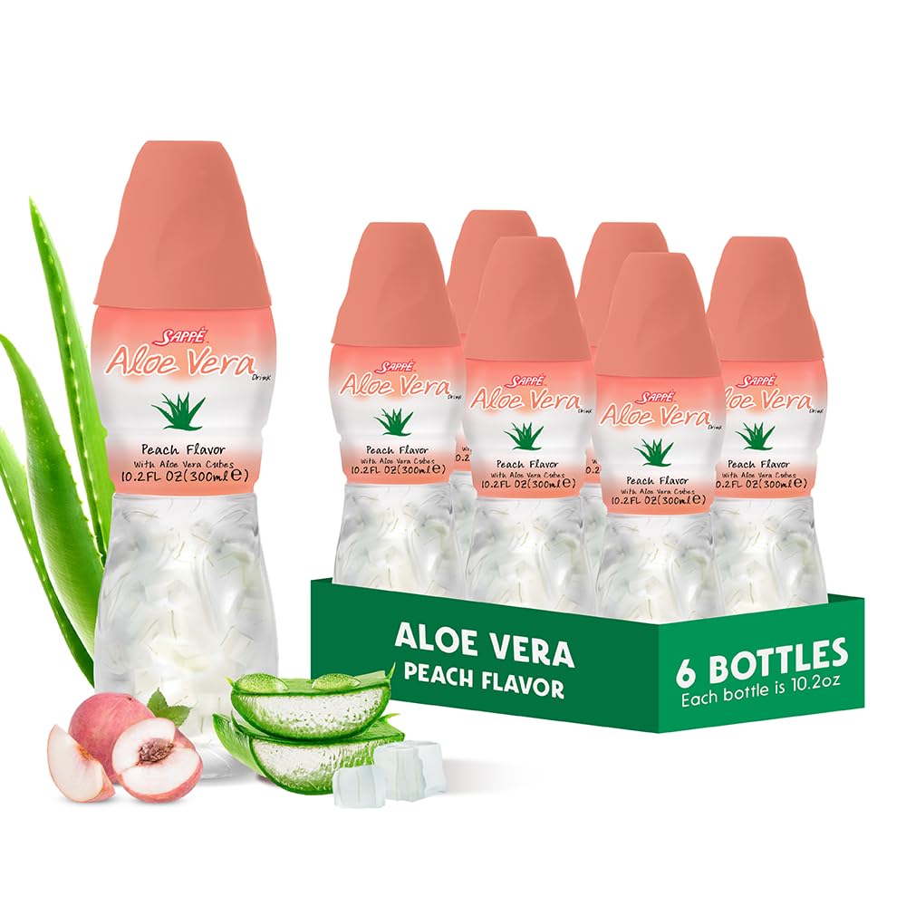 Aloe jus vera (rasa Peach) dengan besar chunky aloe pulp murni (6 Paket) Tanaman berbasis jus besar untuk dehidrasi dan berisi pulp aloe besar. Hal ini sehat untuk orang dewasa dan anak-anak