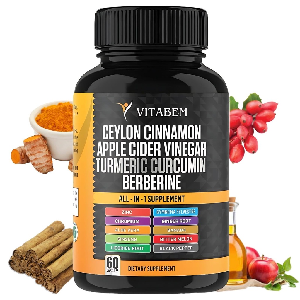 Ceylon Cinnamon Capsules 3000mg Turmeric 3000mg Apple Cider Vinegar 3000 mg Ginseng 2000mg Aloe Vera 2000mg Berberine Suplemen 1200mg + Banaba 124; Bitter Melon 144; Gymnema 124g; Ginger Root - 60 Count