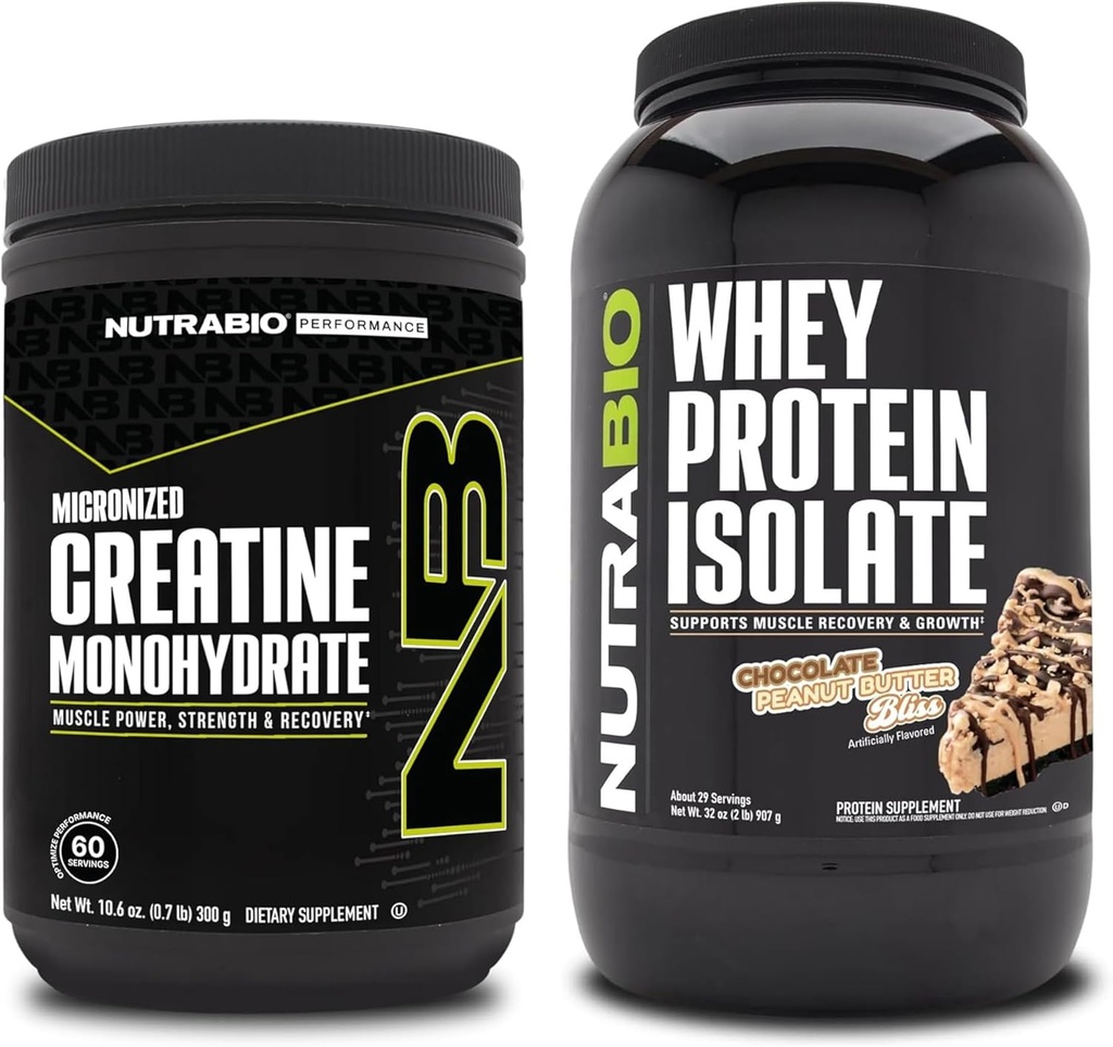 NuttraBio Creatine Monohydrate, Unfeatored, 300g dan Whey Protein Isolate, Chocolate Peanut Butter, Tambahan Bundle - Muscle Energy, Lean Muscle Growth, Recovery, and Power