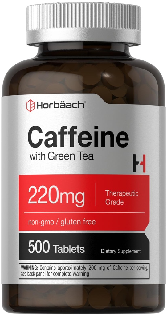 Horbäach Caffeine Pill 220mg with Green Tea 124; 500 Tablet 12.4; Vegetarian, Non- GMO & Gluten Free