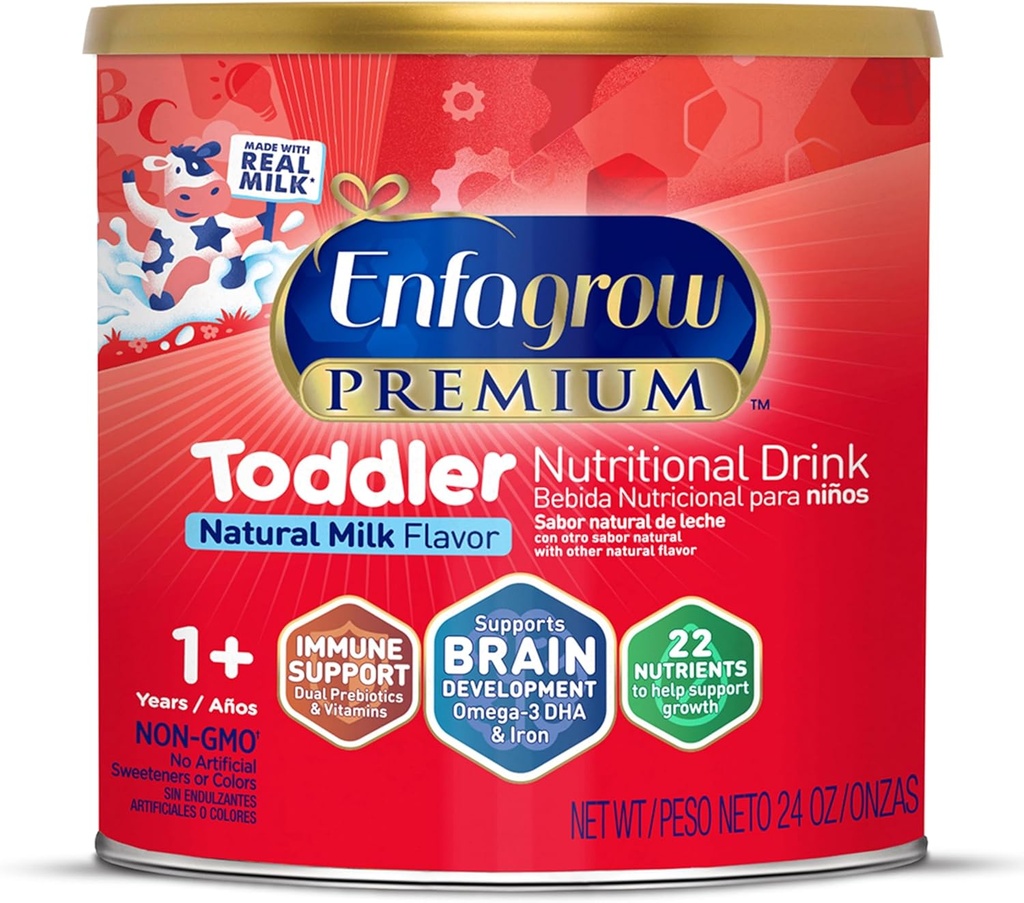 Enfagrow PREMIM Toddler Nuttration Drince, Made with Real Milk, Brain-Building Omega-3 DHA, Nutrients and Pregnants for Growth & Imune Dupport, Non-GMO, Toddler Milk Powder, 24 Oz Can