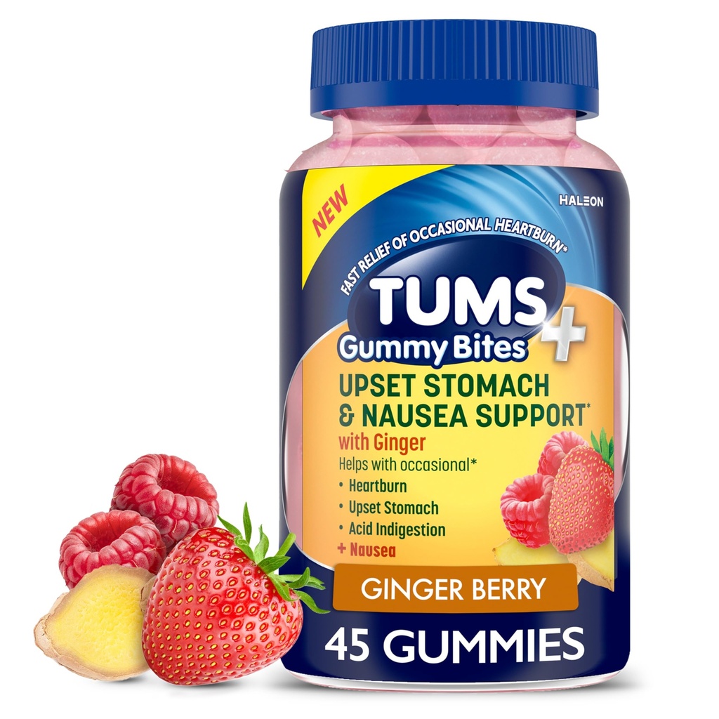 TUMS Plus Upset Perut & Nausea Dukungan, Tambahan Diet, Ginger Berry - Cacah 45