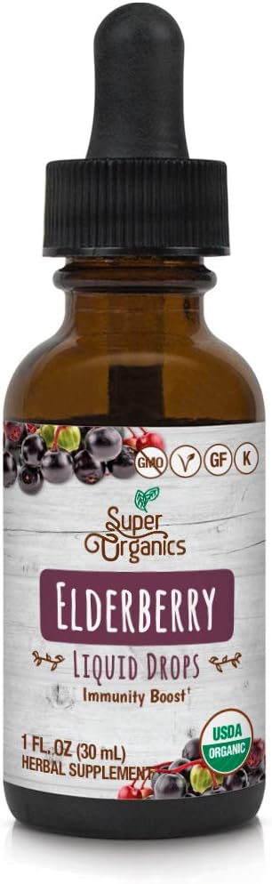 Super Organic Organic Elderberry Liquid Drops 126; Non- GMO, Gluten Free, Kosher, & Vegan, 1 Fl Oz