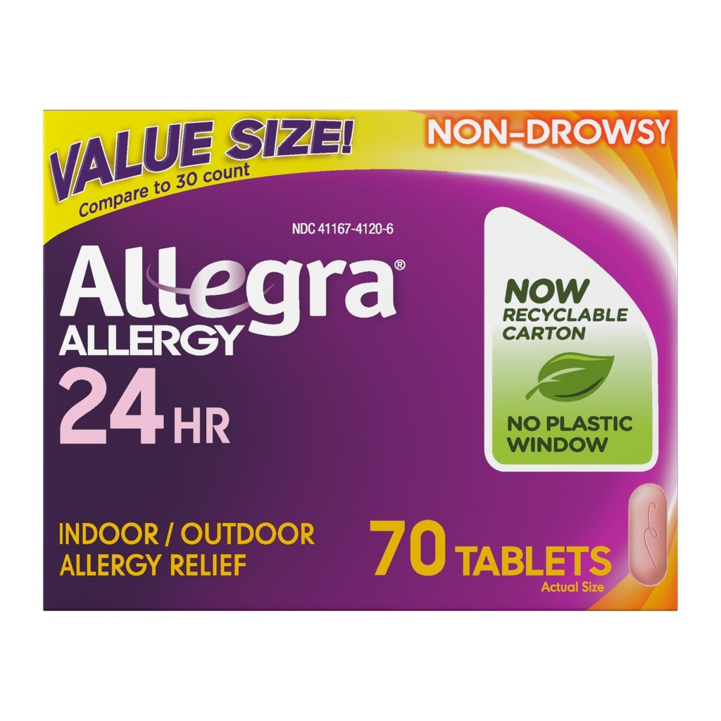 Allegra Dewasa 24- Hour Relief Tablet Allergy, Non- Drowsy Indoor dan Outdoor Allergy Medicine, 180 mg Fexenadine HCI Antihistamin Pill, 70- Count