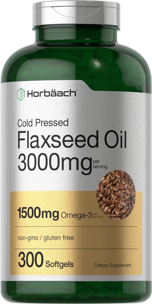 Horbäach Flaxseed Oil Softgel Capsules 3000mg 124g; 300 Count 124; Tinggi Potency 124; dengan Omega 3 6 9; Non-GMO, Gluten Free 124; Benih Flax Menekan Dingin