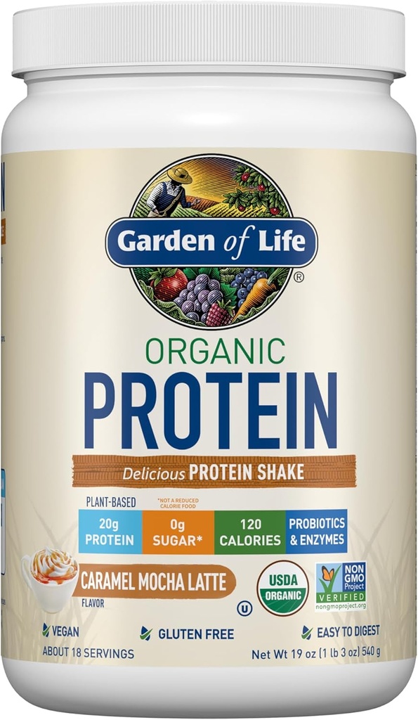 Garden of Life Vegan Protein Powder - Caramel Mocha Latte - 20g Plant Protein, BCAas, Progories & Digetical Enzymes - Gluten- Free, Non- GMO