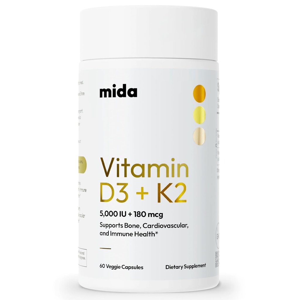 Mida Health ® D3 K2 Vitamin 5000 IU dengan MK-7: 124; Suplemen Alam untuk Bone, Heart, dan Imune Dukungan Athiune 124; Dewasa Vegan Capsules 124; 60