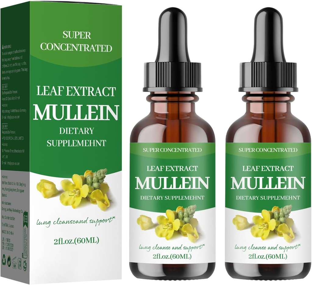 Mulein Drops for Lungs, Mullein Leaf Extract - Dukung Lung Cleanse - Organic Natural Suplemen Dewasa, Tincture Drops 126; Non-GMO, Vegetarian Healthy Lifestyle- (2Pack)
