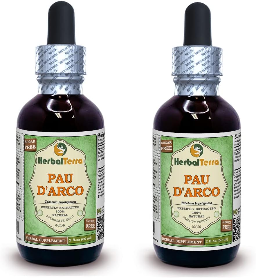 PAU d 'arco (Tabebuia Impetiginosa) Glycerite, Dry Bark Alcohol- Free Liquid Extract (Nama Merek: HerbalTerra, Proudly Made in USA) 2x2 F.oz (2x60 ml)