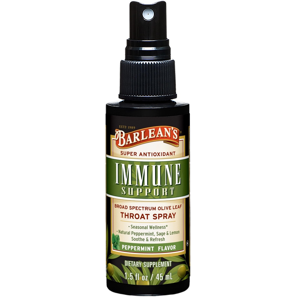 Zaitun Barlean Leaf Complex Throat Spray, Suplemen Dukungan Imune dengan Peppermint, Lemon, dan Sage for Itchy Throat Relief, Cair Blended Ekstrak, 1.5 oz