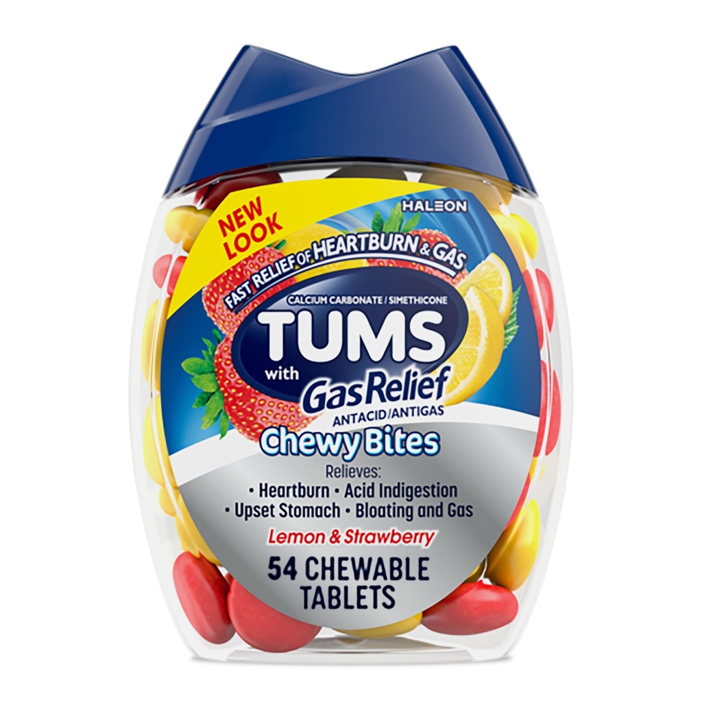 TUMS Chewy Bites Chewable Antax Tablet with Gas Relief, Lemon & Strawberry - 54 Count